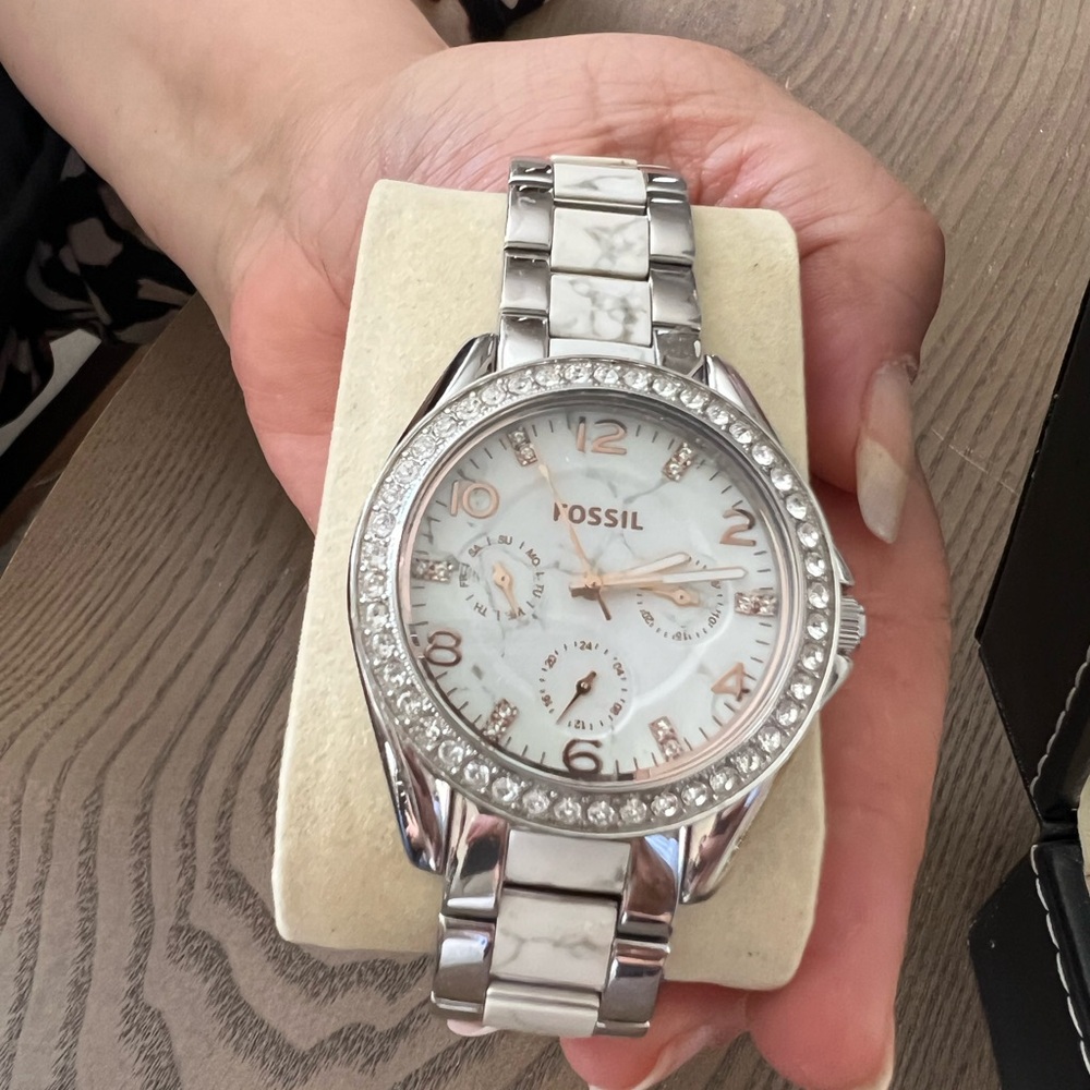 Fossil Women's Silver and White Watch with Crystal Accents